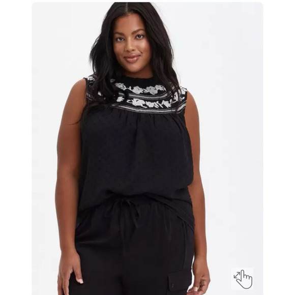 torrid Tops - Torrid Clip Dot Embroidered Tank Chiffon Black Plus 26‎ Ruffle Neck Sleeveless